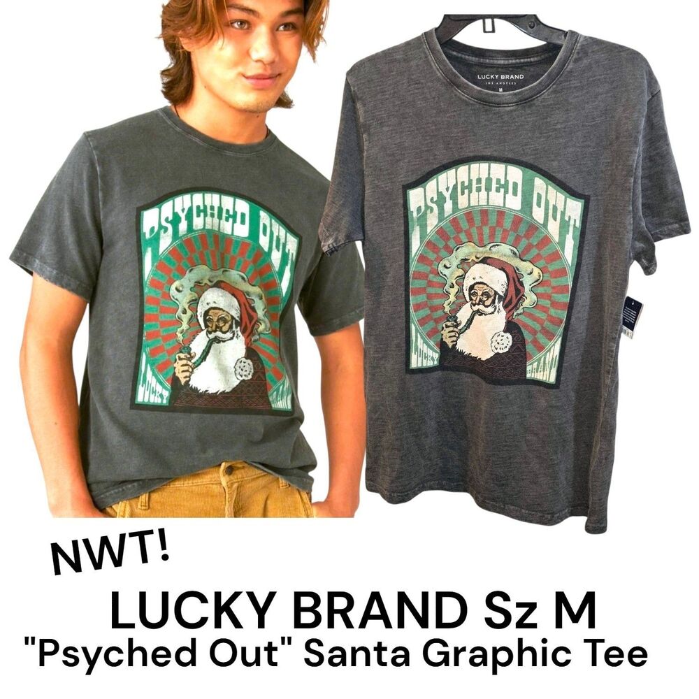 Lucky Brand Sz M NWT! Psyched Out Santa Clause Gray Graphic Christmas T Shirt